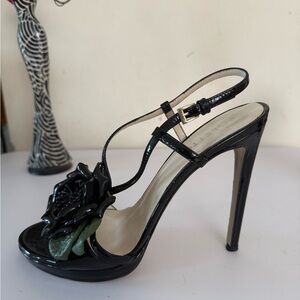 Poletto Black Stiletto Heels with Floral Detail 6 Used Once (like new) see pics